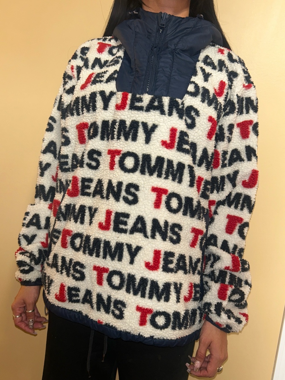 Tommy Hilfiger Off-White Sherpa Jacket with Black and Red Logo Print